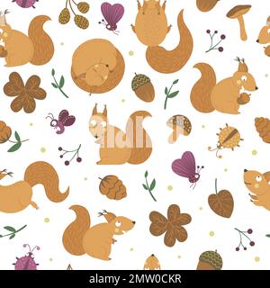 Vector seamless pattern of handdrawn flat funny squirrels with acorns, cones, mushrooms and insects. Autumn repeating background for children’s design Stock Vector