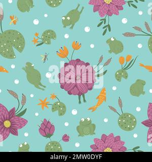 Vector seamless pattern of cartoon style flat funny frogs in different poses with waterlily, dragonfly, mosquito, reed, heron on blue background. Cute Stock Vector