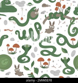 Vector seamless pattern of hand drawn flat funny snakes in different poses. Cute repeat background with woodland animals. Cute serpents ornament for c Stock Vector