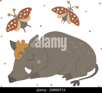 Vector hand drawn flat sleeping boar with an insect. Funny woodland animal. Cute forest pig illustration for children’s design, print, stationery Stock Vector