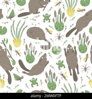 Vector seamless pattern of hand drawn flat funny beavers in different poses. Cute repeat background with frog, reeds, water insects. Sweet animalistic Stock Vector