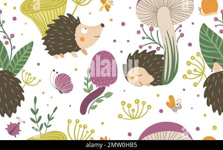 Vector seamless pattern of cartoon style hand drawn flat hedgehogs in different poses. Repeat background of funny autumn scenes with prickly animal. C Stock Vector