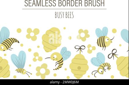 Vector hand drawn flat seamless pattern brush with beehive, bees, flowers. Cute funny childish repeating background border on honey production theme. Stock Vector