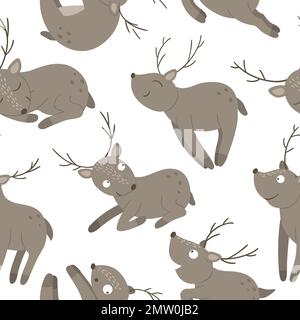 Vector seamless pattern of hand drawn flat funny deer in different poses. Cute repeat background with woodland animals. Cute animalistic ornament for Stock Vector