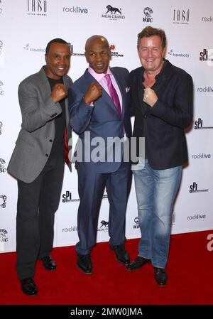 Sugar Ray Leonard, Mike Tyson and Pierse Morgan at the grand opening of Tyson's one-man show 'Mike Tyson: Undisputed Truth - Live on Stage' at the Hollywood Theatre inside the MGM Grand Resort & Casino. Las Vegas, NV. 14th April 2012. Stock Photo