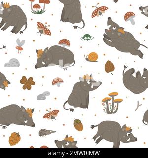 Vector seamless pattern of hand drawn flat funny boars in different poses. Cute repeat background with woodland animals, mushrooms, insects. Sweet ani Stock Vector