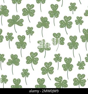 Vector green seamless background with clover leaves. Hand drawn flat simple trendy illustration with shamrock leaves. Repeating pattern with meadow, g Stock Vector