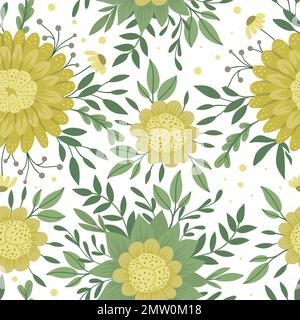 Vector floral seamless texture. Hand drawn flat trendy illustration with yellow flowers, leaves, branches on white background. Repeating pattern with Stock Vector