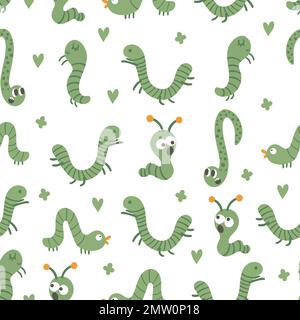 Vector seamless pattern with hand drawn flat funny insects. Cute repeat background with green caterpillars. Sweet creepy-crawly ornament for children’ Stock Vector