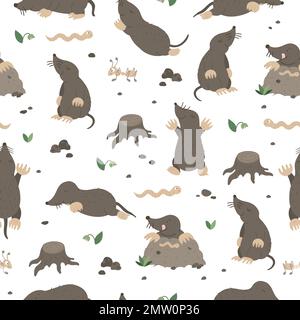 Vector seamless pattern of hand drawn flat funny moles in different poses. Cute repeat background with worm, ant, stump, stones, insects. Sweet animal Stock Vector