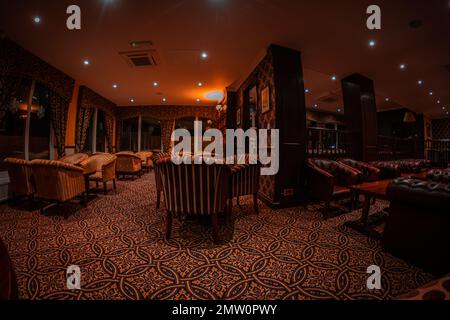 A beautiful wide angled view in a quite old restaurant Stock Photo