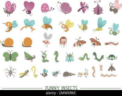 Set of vector hand drawn flat insects. Funny bugs collection. Cute forest illustration with butterflies, bees, caterpillars for children’s design, pri Stock Vector