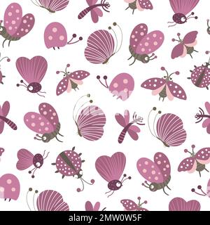 Vector seamless pattern with hand drawn flat funny insects. Cute repeat background with purple cater butterflies, moths, dragonflies. Sweet creepy-cra Stock Vector