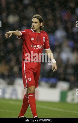 Jonathan Woodgate playing for Middlesbrough at Reading FC @nd December 2007 .This image is bound by Dataco restrictions on how it can be used. EDITORIAL USE ONLY No use with unauthorised audio, video, data, fixture lists, club/league logos or “live” services. Online in-match use limited to 120 images, no video emulation. No use in betting, games or single club/league/player publications Stock Photo