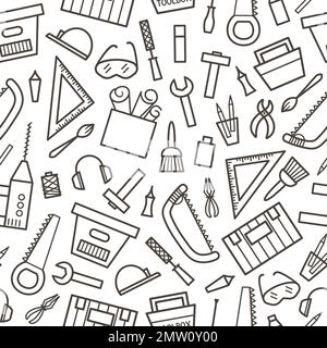 Vector tools seamless pattern. Flat linear black and white illustration with building, carpenter equipment for card, poster or flyer design. Woodwork, Stock Vector
