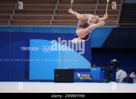 AUG 06, 2021 - Tokyo, Japan: Dina AVERINA of Russia performs at the clubs in the Rhythmic Gymnastics Individual All-Around Qualification at the Tokyo Stock Photo