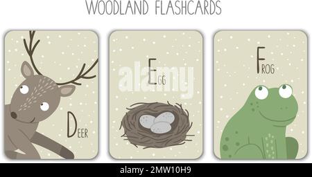 Colorful alphabet letters D, E, F. Phonics flashcard. Cute woodland themed ABC cards for teaching reading with funny bird, deer, eggs. Stock Vector
