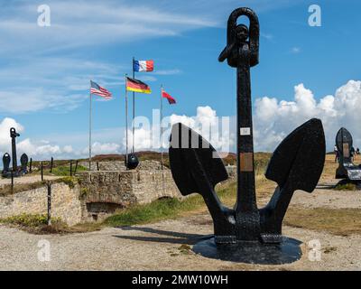 Camaret-sur-Mer, France - August, 17 2020: Big black anchor near a memorial of World War 2, sunny day in summer Stock Photo