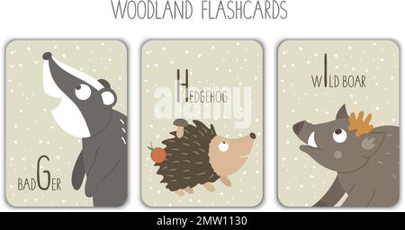 Colorful alphabet letters G, H, I. Phonics flashcard. Cute woodland themed ABC cards for teaching reading with funny badger, hedgehog, wild boar. Stock Vector