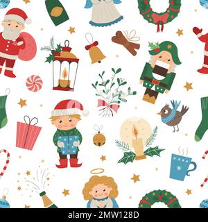 Vector seamless pattern of Christmas elements with Santa Claus, Angel, Nutcracker, Elf. Cute funny repeat background of new year symbols. Christmas fl Stock Vector