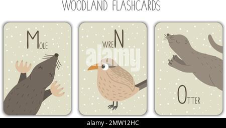 Colorful alphabet letters M, N, O. Phonics flashcard. Cute woodland themed ABC cards for teaching reading with funny mole, wren, otter. Stock Vector