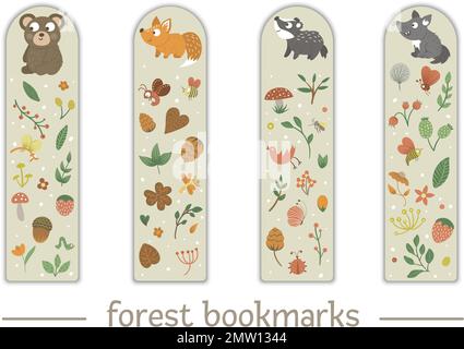 Vector set of bookmarks for children with woodland animals theme. Cute smiling baby bear, fox, badger, wolf on beige background. Vertical layout card Stock Vector