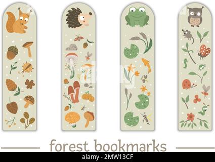 Vector set of bookmarks for children with woodland animals theme. Cute smiling baby squirrel, hedgehog, frog, owl on beige background. Vertical layout Stock Vector
