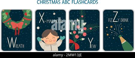 Colorful alphabet letters W, X, Y, Z. Phonics flashcard. Cute Christmas themed ABC cards for teaching reading with funny boy, wreath, champagne, yew. Stock Vector