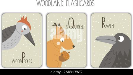 Colorful alphabet letters P, Q, R. Phonics flashcard. Cute woodland themed ABC cards for teaching reading with funny woodpecker, squirrel, raven. Stock Vector