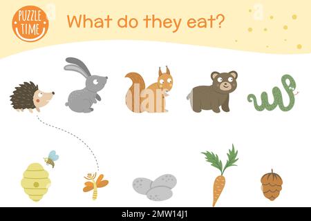 What do they eat. Matching activity for children with animals and food they eat. Funny woodland game for kids. Logical quiz worksheet. Stock Vector