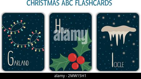 Colorful alphabet letters G, H, I. Phonics flashcard. Cute Christmas themed ABC cards for teaching reading with funny garland, holly, icicle. New Year Stock Vector