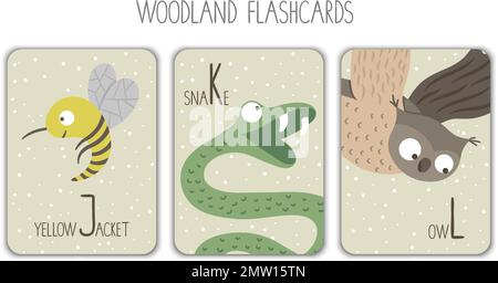 Colorful alphabet letters J, K, L. Phonics flashcard. Cute woodland themed ABC cards for teaching reading with funny yellow jacket, snake, owl. Stock Vector