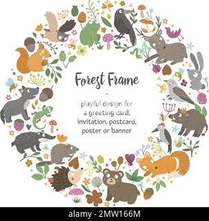 Vector round frame with animals and forest elements on black background. Natural themed banner. Cute funny woodland card template. Stock Vector