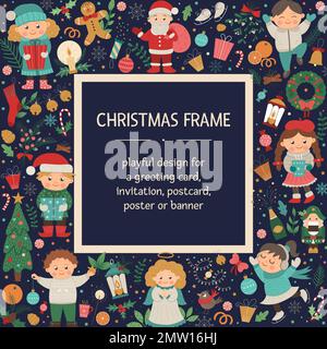 Vector Christmas square layout frame with children, Santa Claus, Angel on dark blue background. Holiday themed banner or invitation. Cute funny New Ye Stock Vector