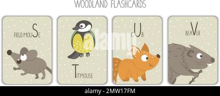 Colorful alphabet letters S, T, U, V. Phonics flashcard. Cute woodland themed ABC cards for teaching reading with funny mouse, titmouse, fox, beaver. Stock Vector