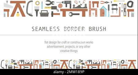 Vector tools seamless border brush. Flat colored illustration with building, carpenter equipment for card, poster or flyer design. Woodwork, repair se Stock Vector