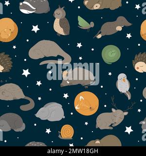 Vector seamless pattern with hand drawn flat funny sleeping animals on dark blue background with stars. Cute repeat texture with forest creatures. Swe Stock Vector