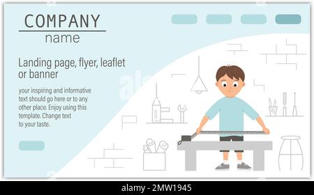 Flyer, card, banner or landing page template for building, repairing service company or craft masterclass website.  Vector flat illustration of a man Stock Vector