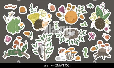 Cute forest themed stickers for children on dark background. Bright flat illustration of woodland animals, insects, mushrooms, plants, foliage. Nature Stock Vector