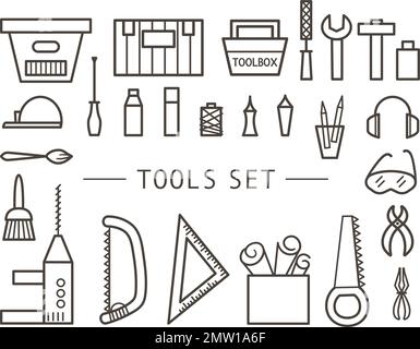 Vector tools icons set. Flat linear black and white illustration with building, carpenter equipment for card, poster or flyer design. Woodwork, repair Stock Vector