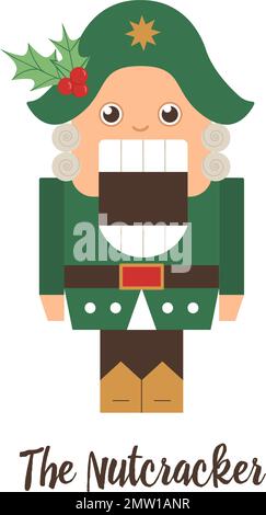 Vector Nutcracker with holly on his hat. Cute winter fairytale illustration isolated on white background. Funny flat style character for Christmas, Ne Stock Vector