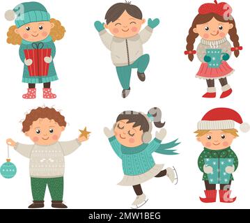 Vector set of happy children in different poses for Christmas design. Cute winter kids illustration with presents, decorations, hot drink. Funny boy j Stock Vector