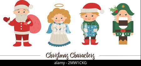 Vector set of Christmas characters. Cute winter Santa Claus with sack, Angel, Elf, Nutcracker illustration isolated on white background. Funny flat st Stock Vector