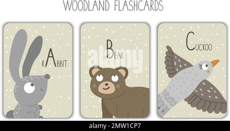 Colorful alphabet letters A, B, C. Phonics flashcard. Cute woodland themed ABC cards for teaching reading with funny rabbit, bear, cuckoo. Stock Vector