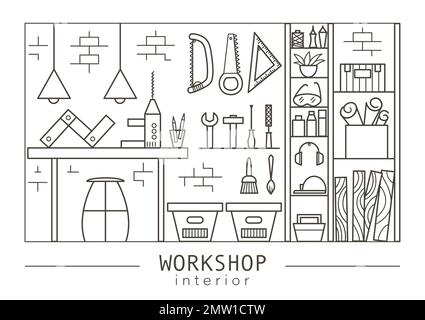 Vector linear art workshop interior. Black and white line drawing of different tools and equipment with work bench, cabinet, shelves, boxes. Carpenter Stock Vector