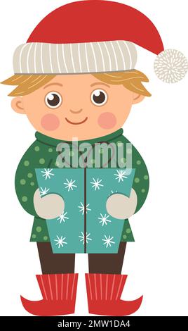 Vector happy boy with golden hair holding a present. Cute winter elf like kid illustration isolated on white background. Funny flat style picture for Stock Vector