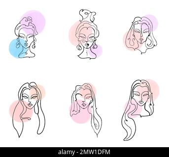 Set of Simple, minimalist vector illustration of beautiful woman face. Line drawing With watercolor stains. Stock Vector