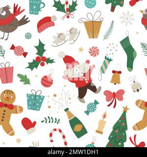 Vector seamless pattern of Christmas elements with mouse in red hat and jacket with hands up. Cute funny repeat background of new year symbol. Christm Stock Vector