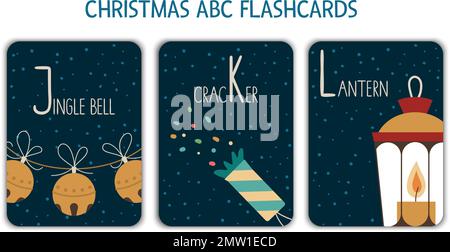 Colorful alphabet letters J, K, L. Phonics flashcard. Cute Christmas themed ABC cards for teaching reading with funny jingle bell, cracker, lantern. N Stock Vector