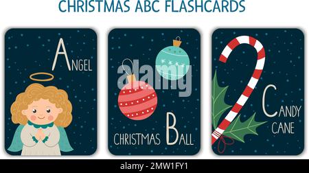 Colorful alphabet letters A, B, C. Phonics flashcard. Cute Christmas themed ABC cards for teaching reading with funny angel, Christmas ball, candy can Stock Vector